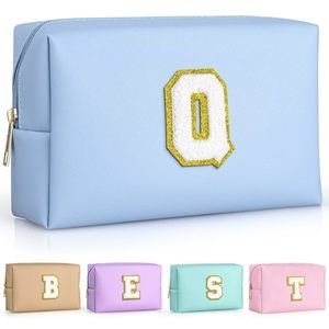 Initial Makeup Bag For Travel, Chenille Letter Pouch Cosmetic Bag, Pu Leather🤘